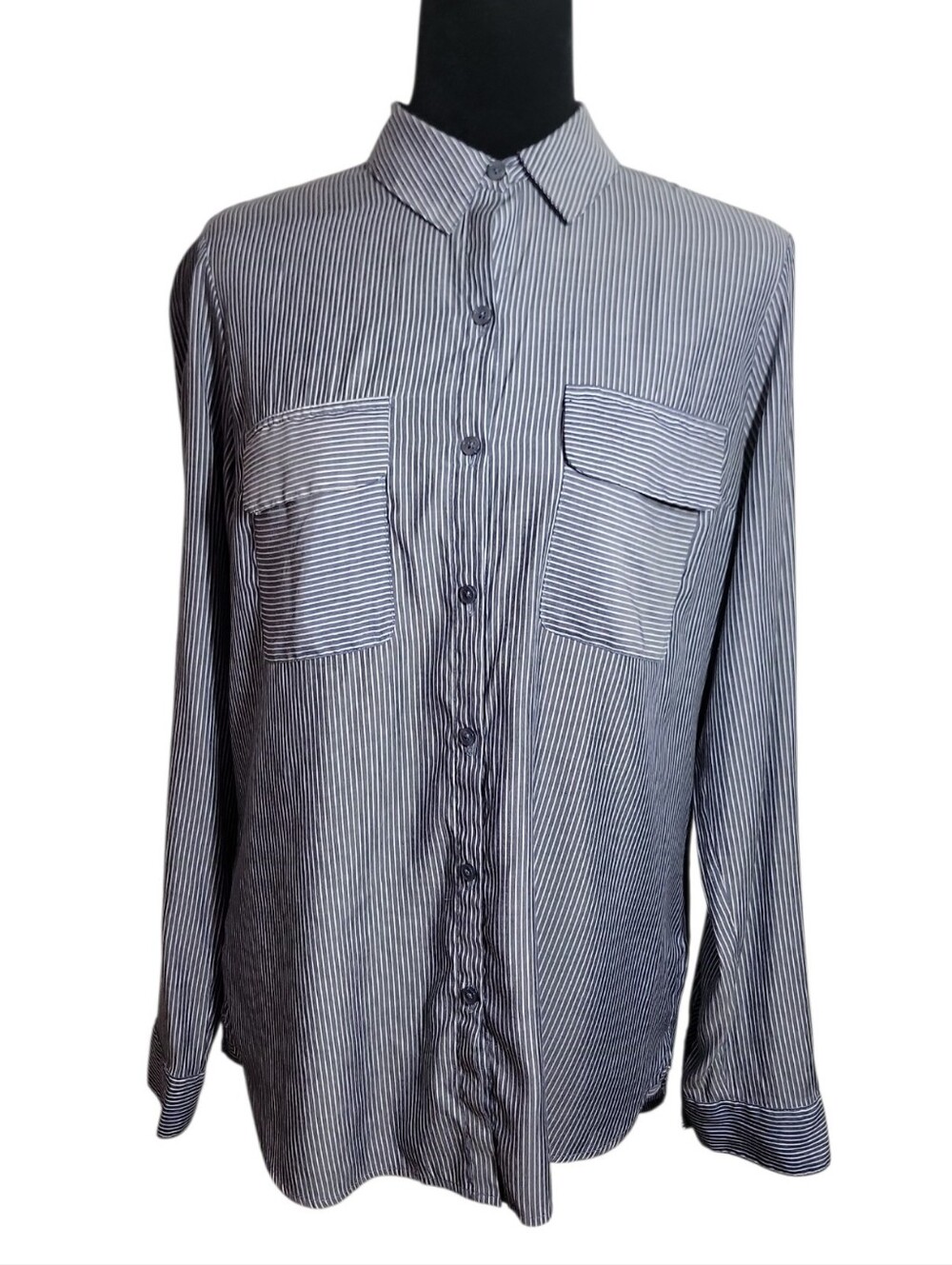 Express blue white stripe button front shirt women's size small petite